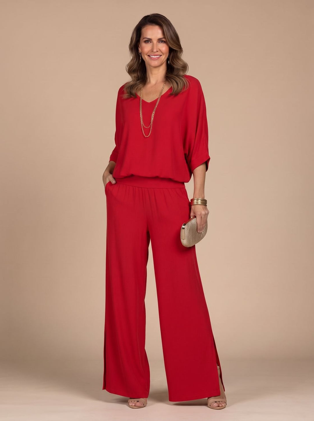 Women's Flowy Wide-Leg Two-Piece Blouson Top Palazzo Set - Red