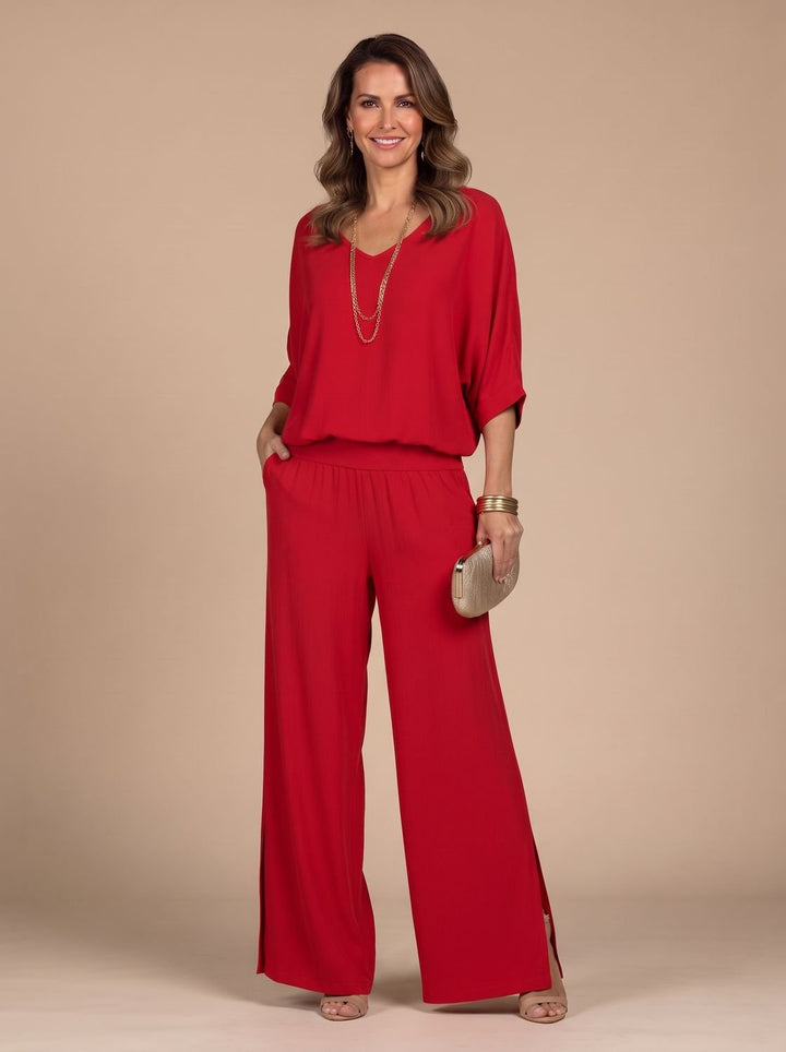 Women's Flowy Wide-Leg Two-Piece Blouson Top Palazzo Set - Red