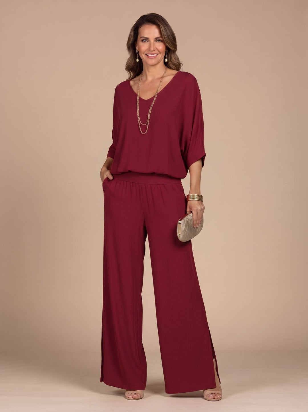 Women's Flowy Wide-Leg Two-Piece Blouson Top Palazzo Set - Burgundy