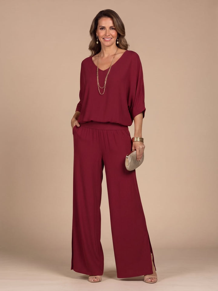 Women's Flowy Wide-Leg Two-Piece Blouson Top Palazzo Set - Burgundy