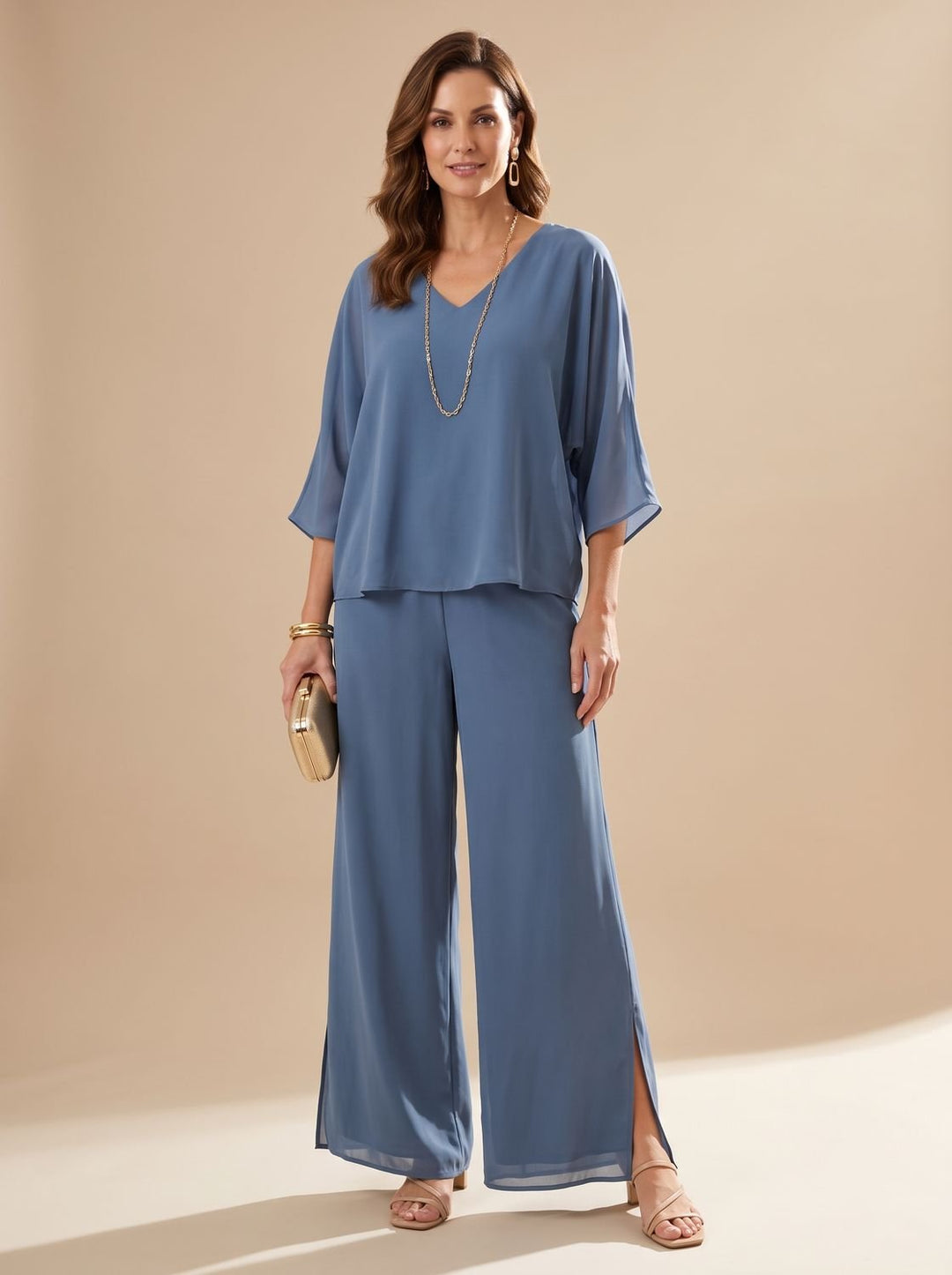 Women's Flowy Wide-Leg Two-Piece Blouson Top Palazzo Set - Blue