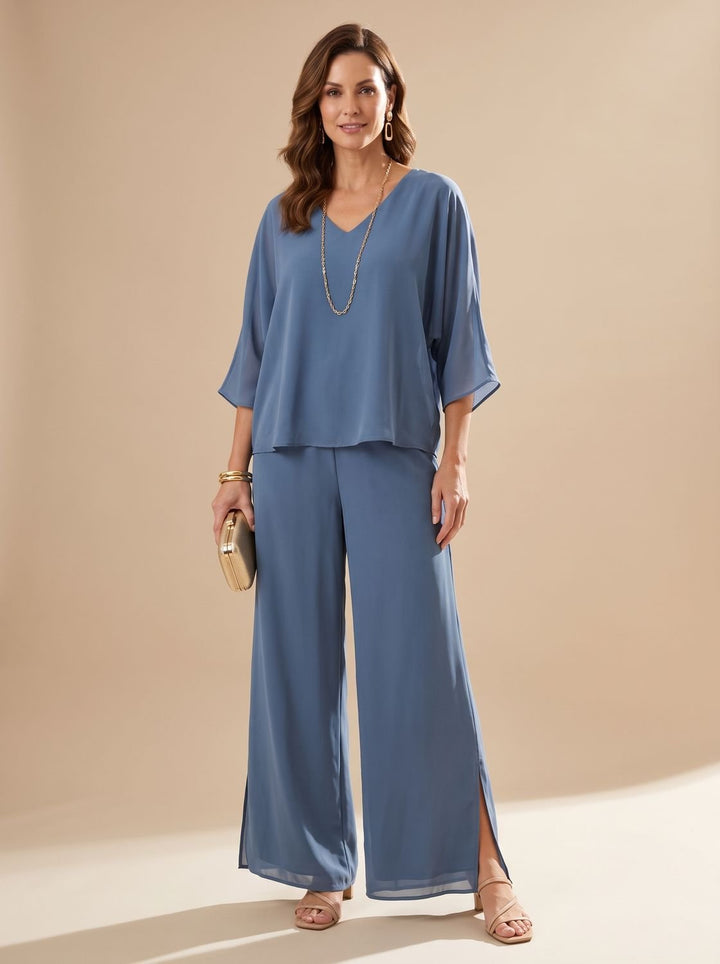 Women's Flowy Wide-Leg Two-Piece Blouson Top Palazzo Set - Blue