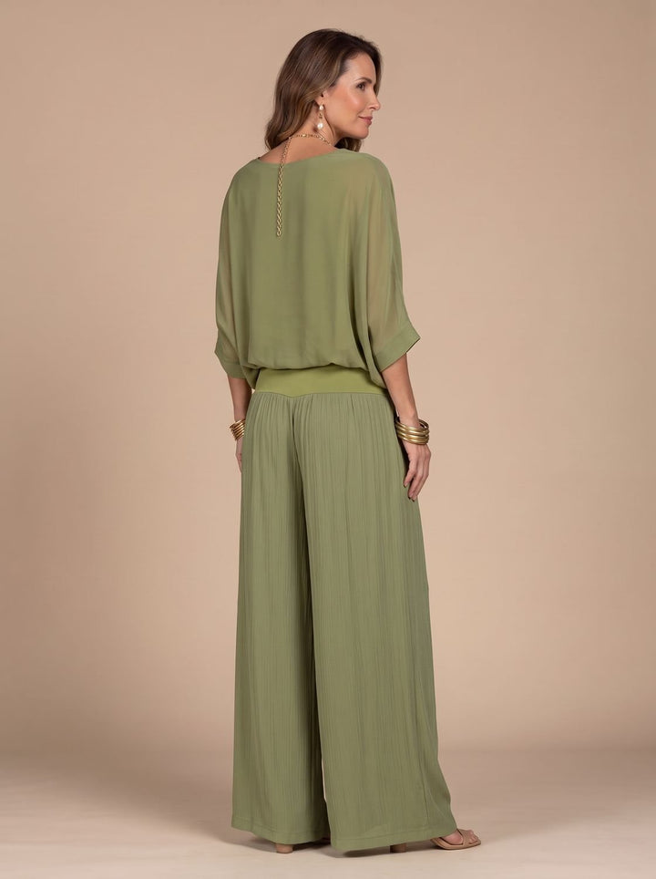 Women's Flowy Wide-Leg Two-Piece Blouson Top Palazzo Set