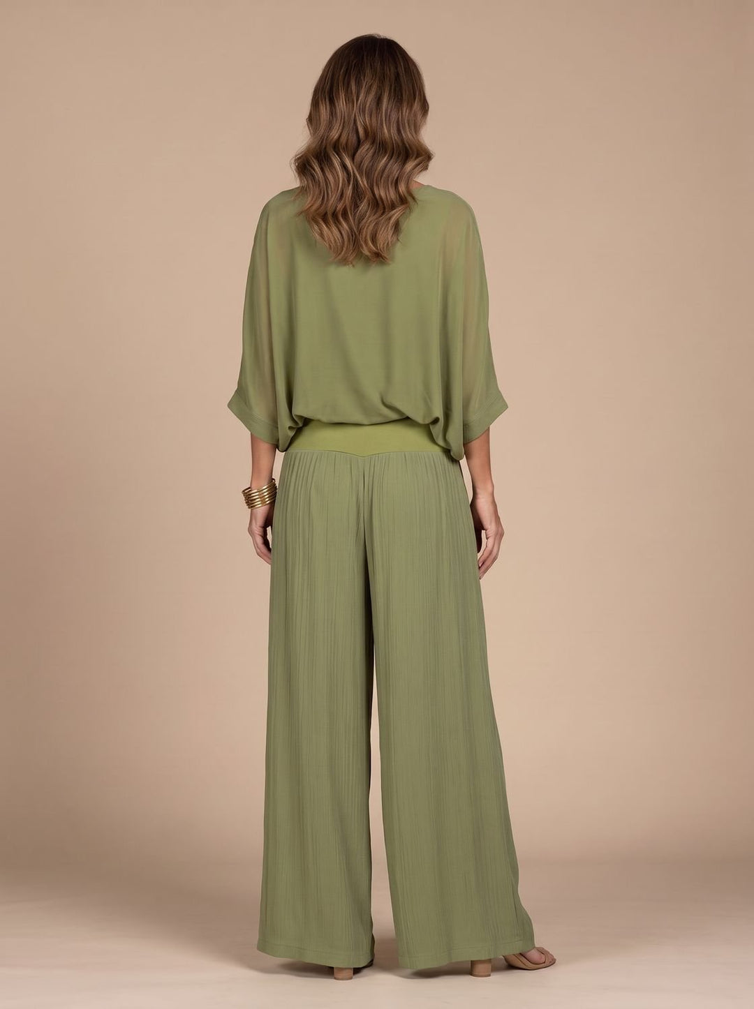Women's Flowy Wide-Leg Two-Piece Blouson Top Palazzo Set