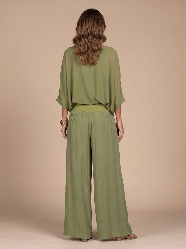 Women's Flowy Wide-Leg Two-Piece Blouson Top Palazzo Set