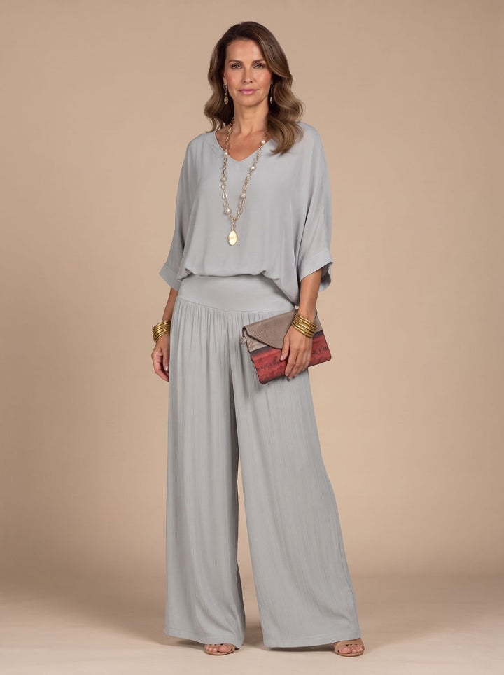 Women's Flowy Wide-Leg Two-Piece Blouson Top Palazzo Set - Gray