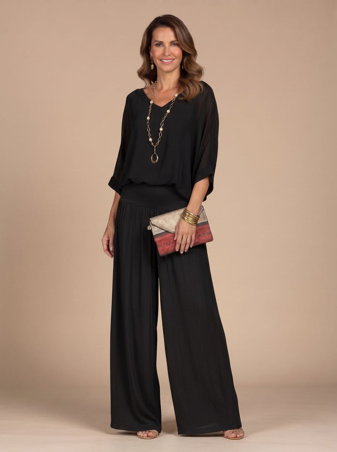 Women's Flowy Wide-Leg Two-Piece Blouson Top Palazzo Set - Black