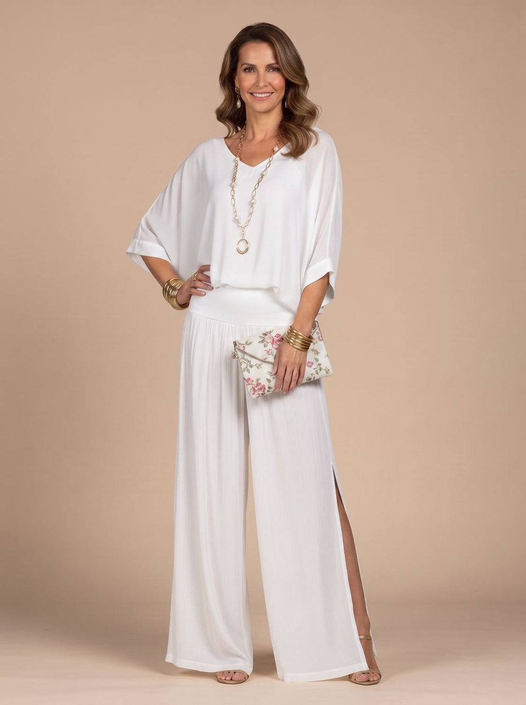 Women's Flowy Wide-Leg Two-Piece Blouson Top Palazzo Set - White