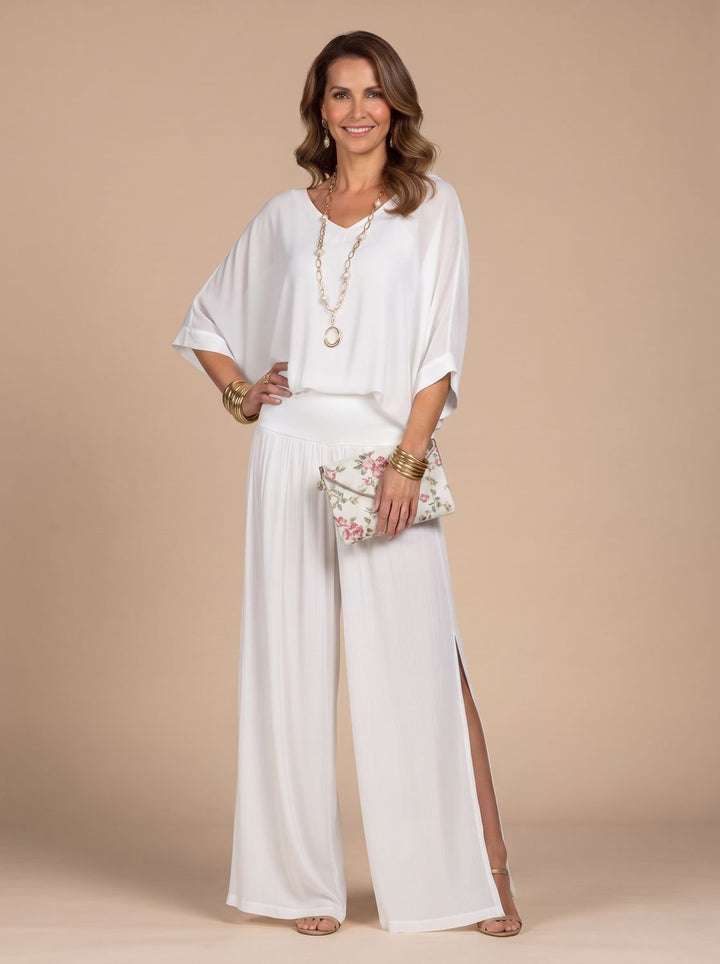 Women's Flowy Wide-Leg Two-Piece Blouson Top Palazzo Set - White