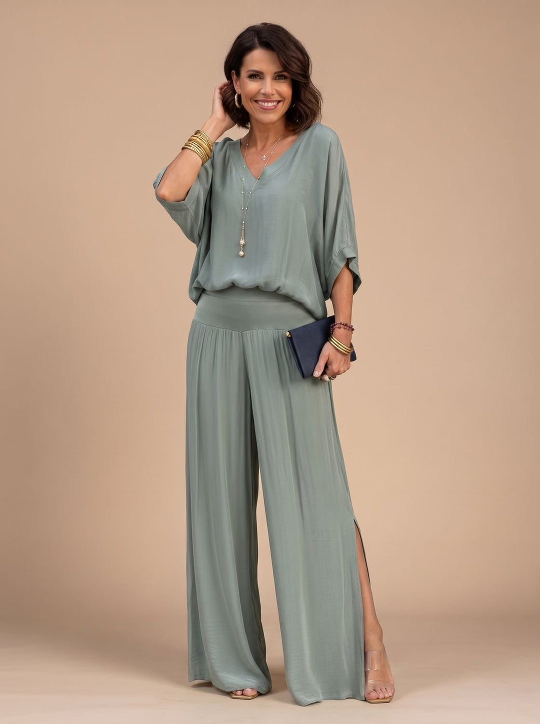 Women's Flowy Wide-Leg Two-Piece Blouson Top Palazzo Set - Light Green