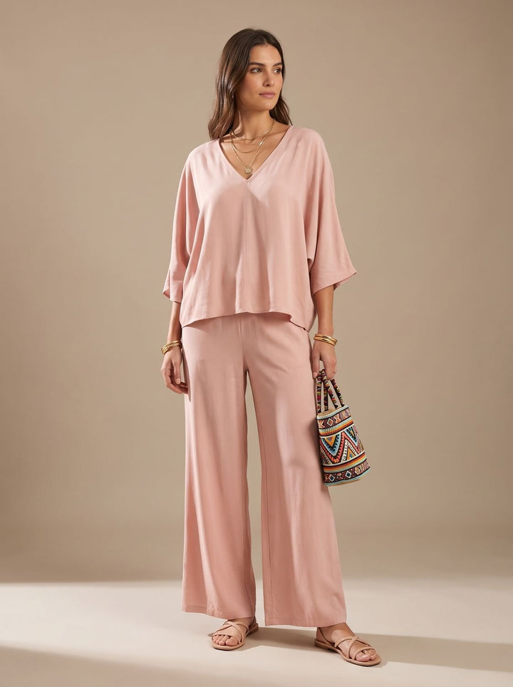 Women's Flowy Wide-Leg Two-Piece Blouson Top Palazzo Set - Pink