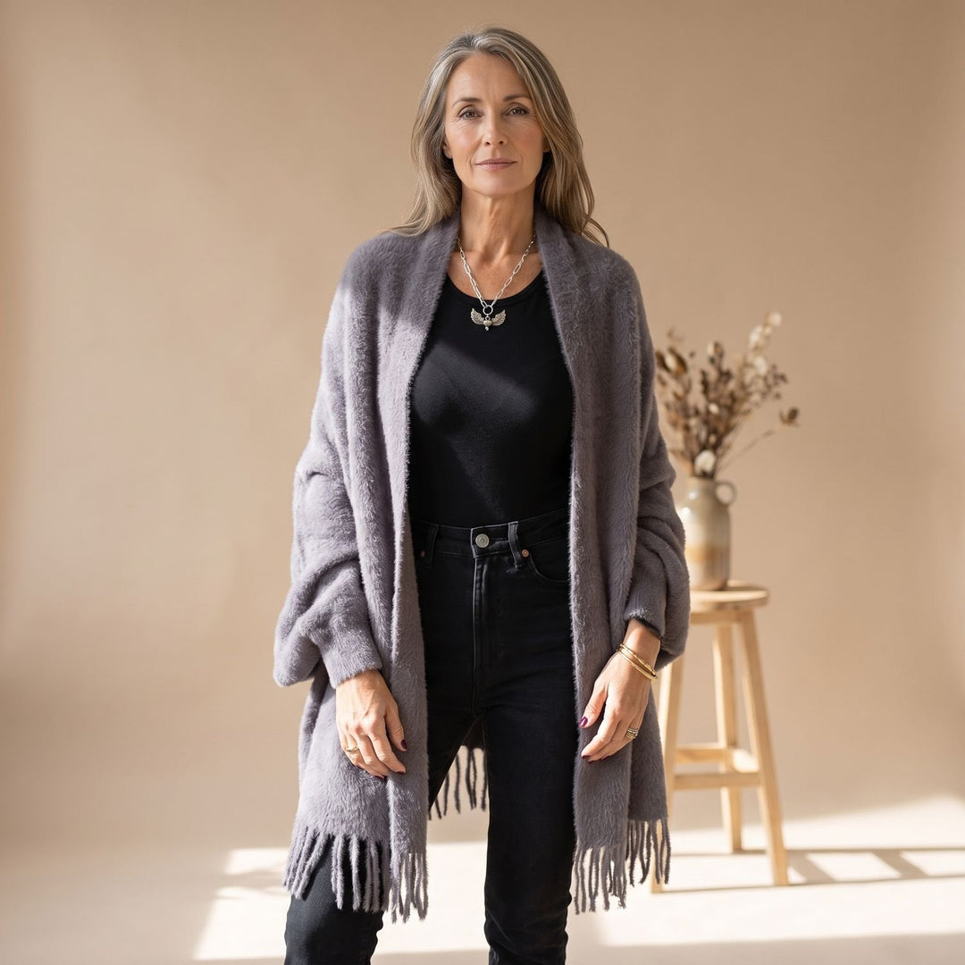 Women's Fluffy Faux Fur Open-Front Fringe Cardigan Coat - Gray