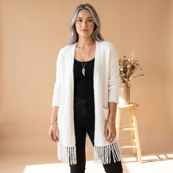 Women's Fluffy Faux Fur Open-Front Fringe Cardigan Coat - White