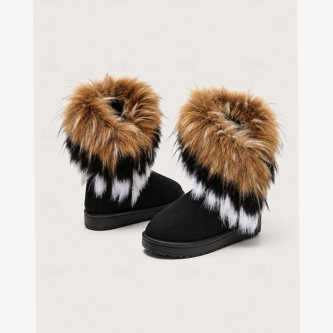 Women's Fluffy Faux-Fur Trim Slip-On Winter Snow Boots - Black