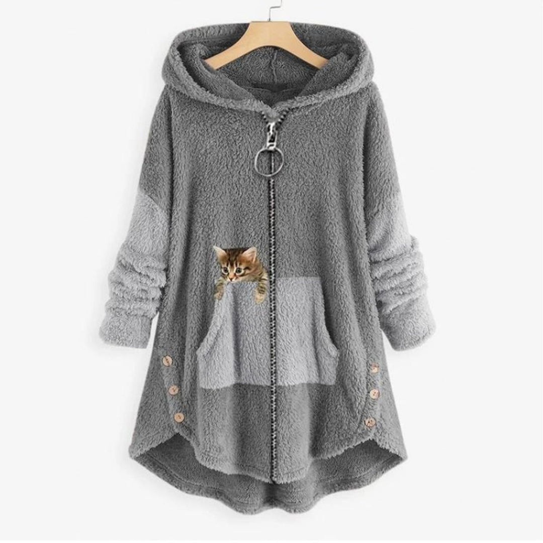Women's Fluffy Plush Zip-Up Hooded Sweater Cat Pocket - Gray