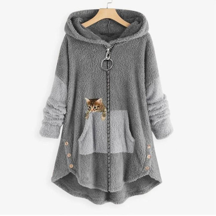 Women's Fluffy Plush Zip-Up Hooded Sweater Cat Pocket - Gray