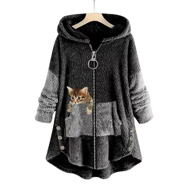 Women's Fluffy Plush Zip-Up Hooded Sweater Cat Pocket - Dark Gray