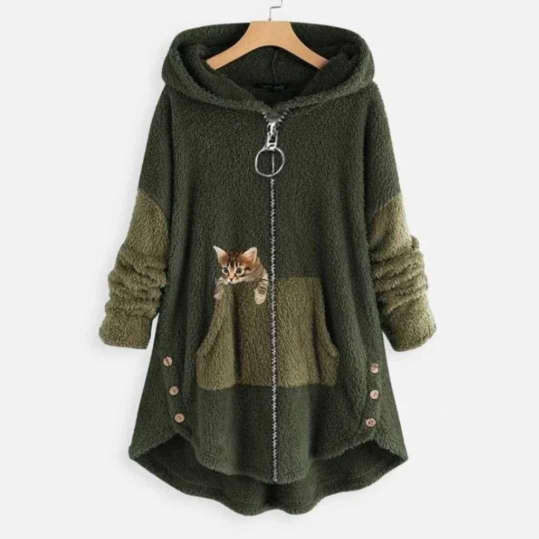Women's Fluffy Plush Zip-Up Hooded Sweater Cat Pocket - Green