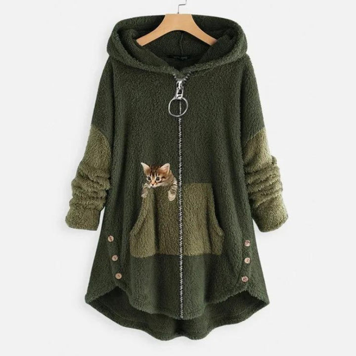 Women's Fluffy Plush Zip-Up Hooded Sweater Cat Pocket - Green