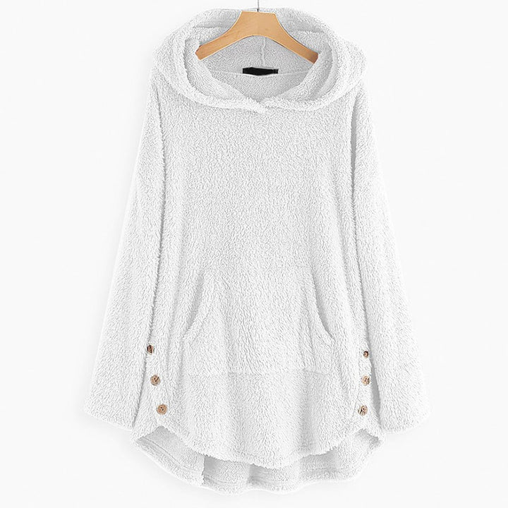 Women's Fluffy Plush Zip-Up Hooded Sweater Cat Pocket - White