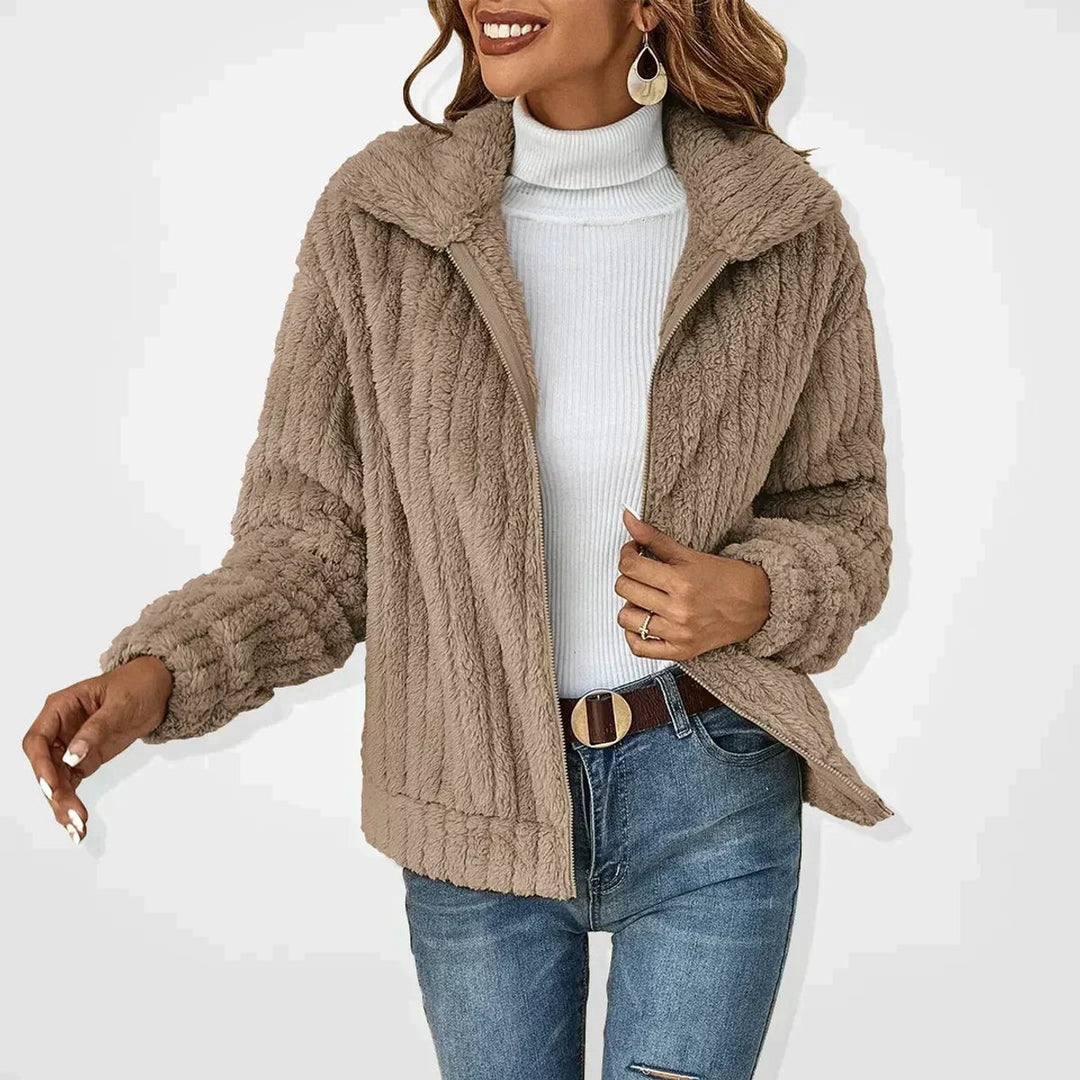 Women's Fluffy Plush Zip-Up Teddy Cardigan Jacket - Khaki