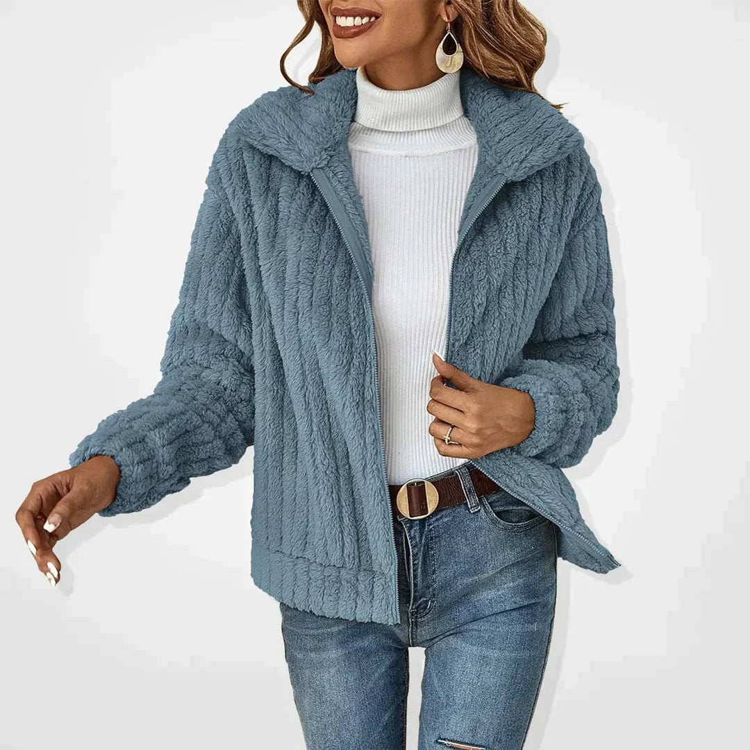 Women's Fluffy Plush Zip-Up Teddy Cardigan Jacket - Blue