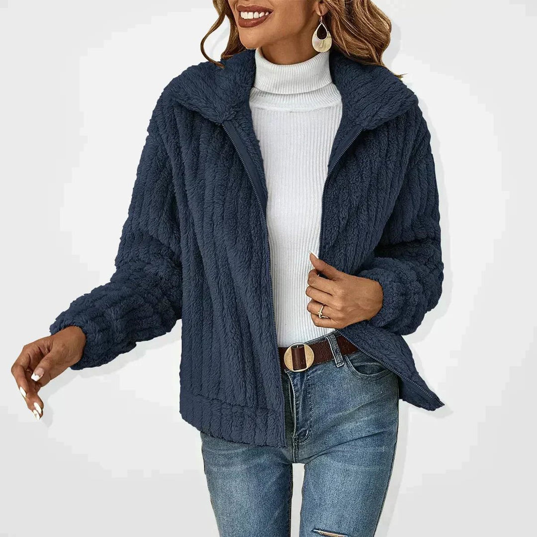 Women's Fluffy Plush Zip-Up Teddy Cardigan Jacket - Navy Blue