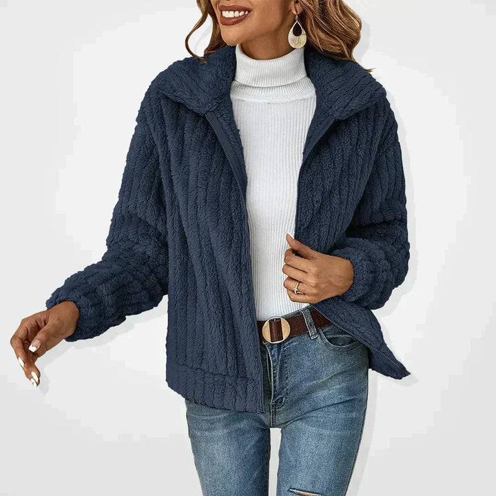 Women's Fluffy Plush Zip-Up Teddy Cardigan Jacket - Navy Blue