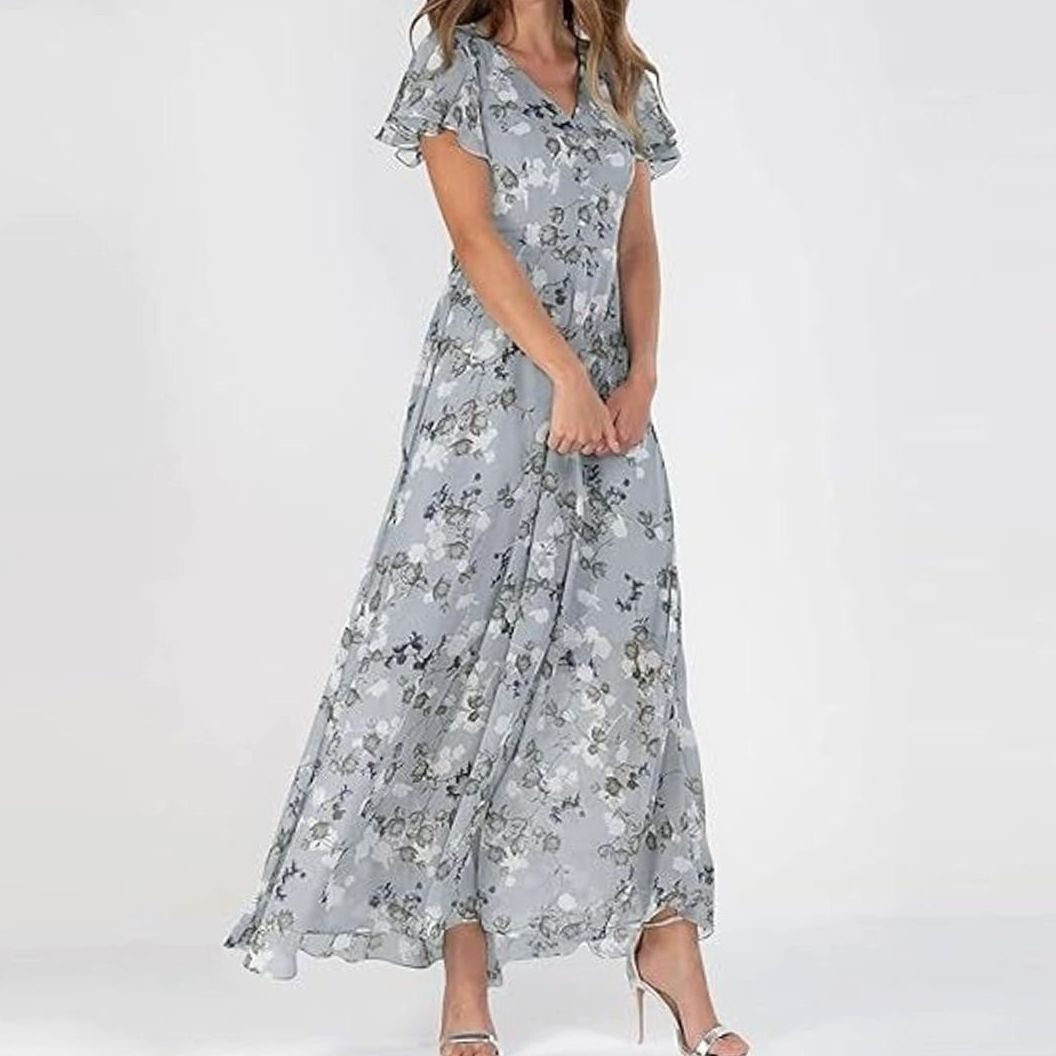 Women's Flutter-Sleeve V-Neck Floral Dress Maxi