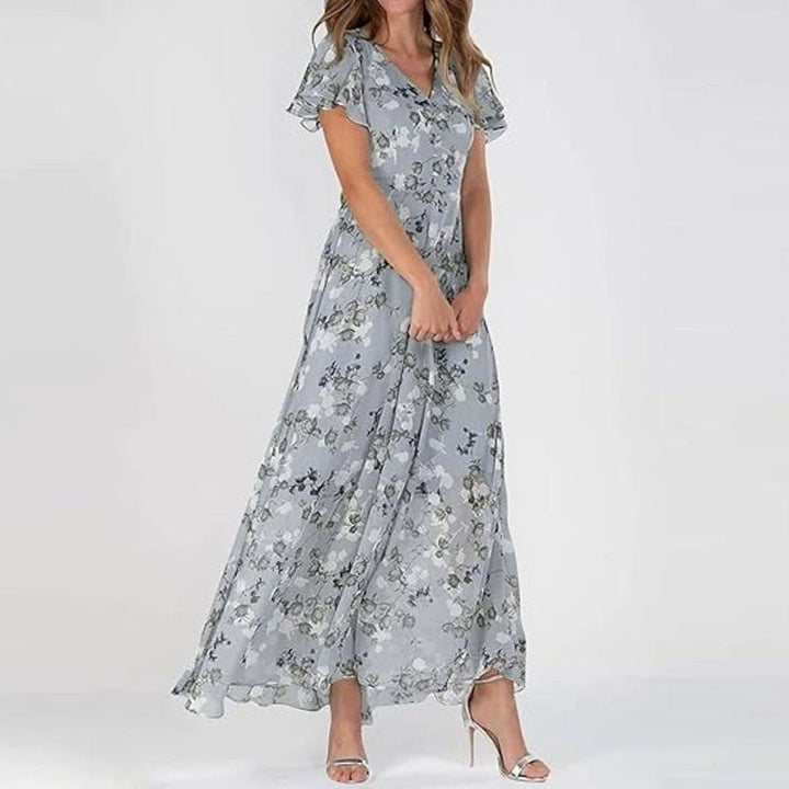 Women's Flutter-Sleeve V-Neck Floral Dress Maxi - Blue