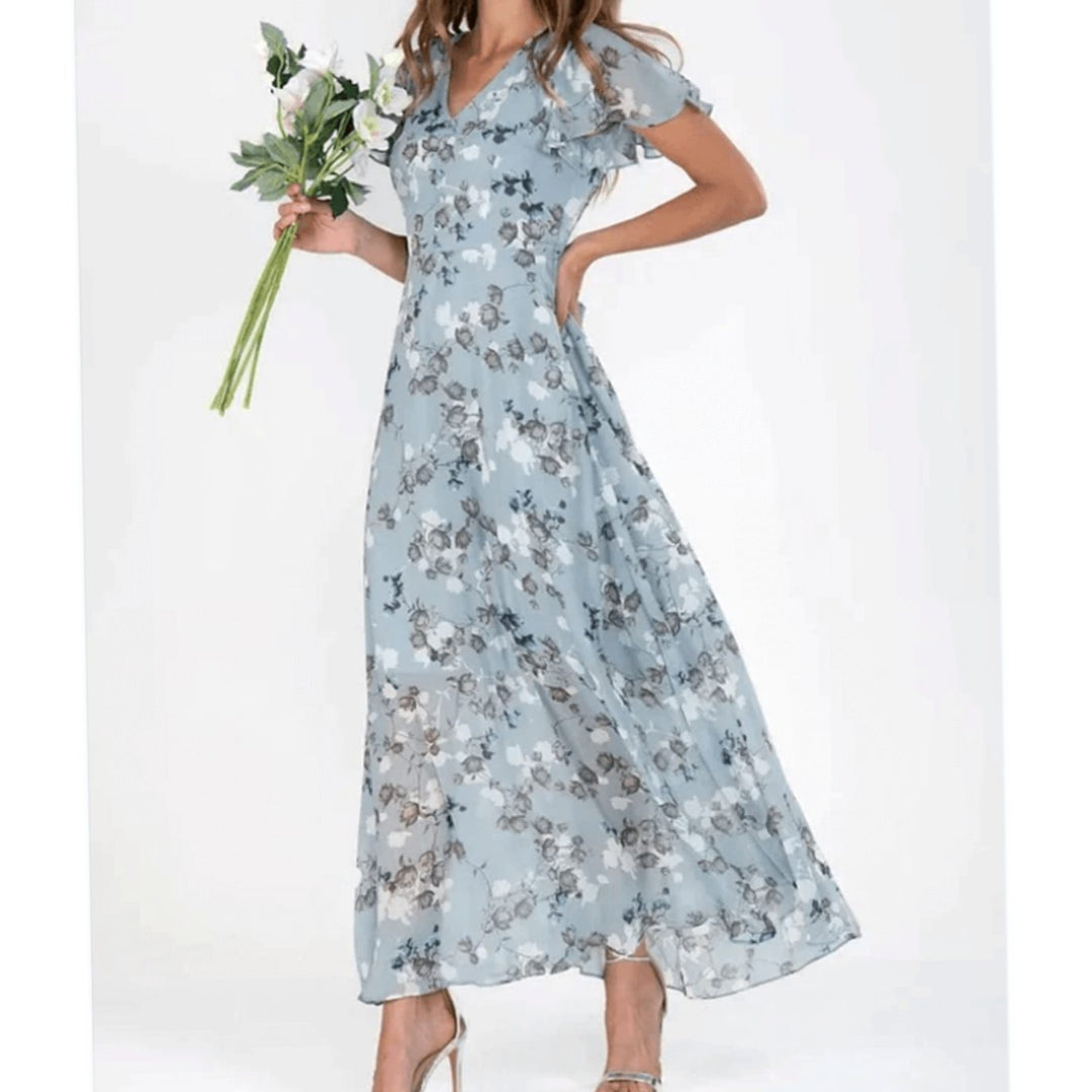 Women's Flutter-Sleeve V-Neck Floral Dress Maxi