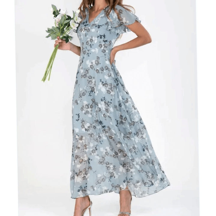 Women's Flutter-Sleeve V-Neck Floral Dress Maxi