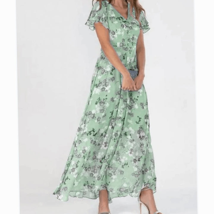 Women's Flutter-Sleeve V-Neck Floral Dress Maxi - Green