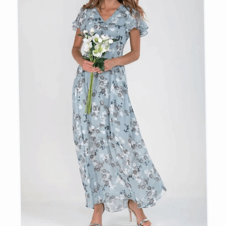 Women's Flutter-Sleeve V-Neck Floral Dress Maxi