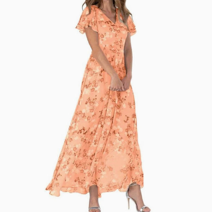 Women's Flutter-Sleeve V-Neck Floral Dress Maxi - Orange