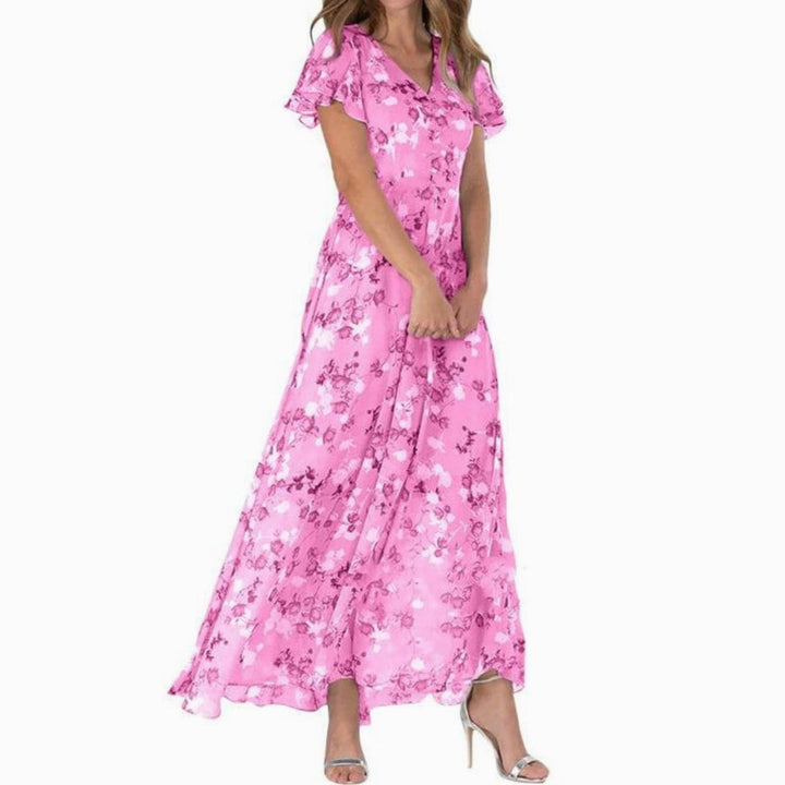 Women's Flutter-Sleeve V-Neck Floral Dress Maxi - Pink