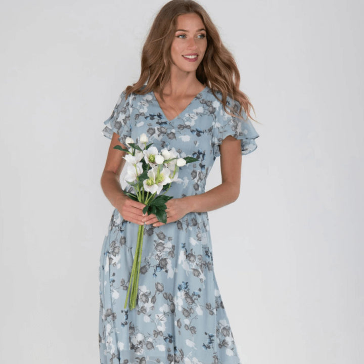 Women's Flutter-Sleeve V-Neck Floral Dress Maxi