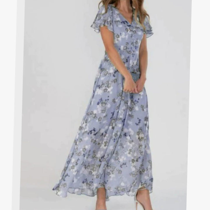 Women's Flutter-Sleeve V-Neck Floral Dress Maxi - Purple