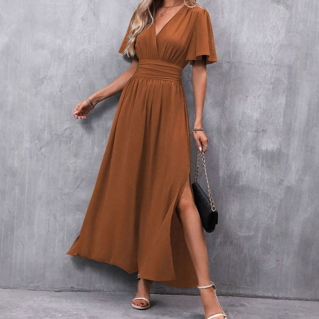 Women's Flutter-Sleeve V-Neck High-Waist Maxi Dress Side Slit - Caramel