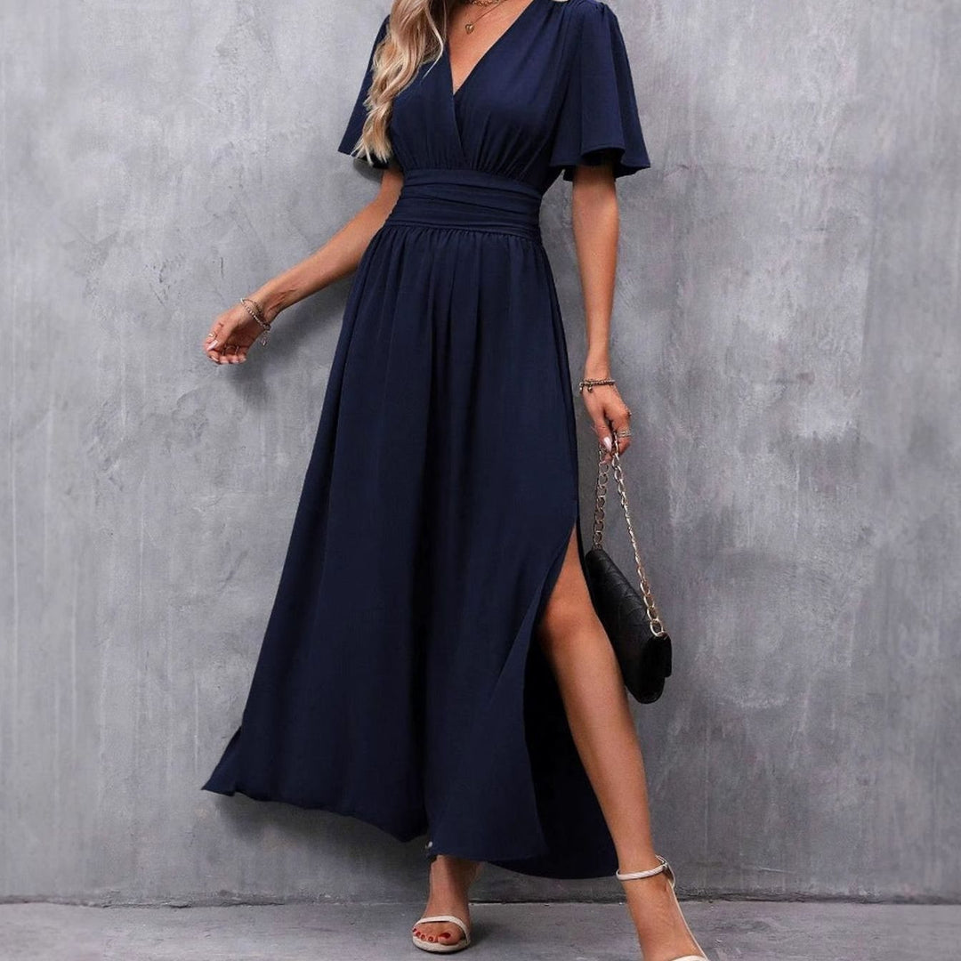Women's Flutter-Sleeve V-Neck High-Waist Maxi Dress Side Slit