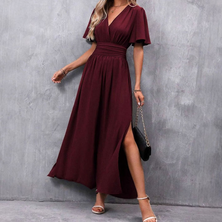 Women's Flutter-Sleeve V-Neck High-Waist Maxi Dress Side Slit