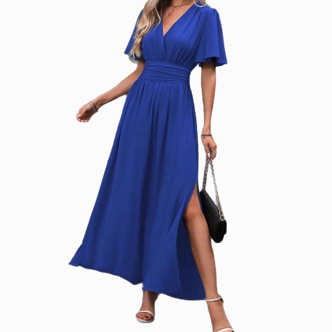 Women's Flutter-Sleeve V-Neck High-Waist Maxi Dress Side Slit
