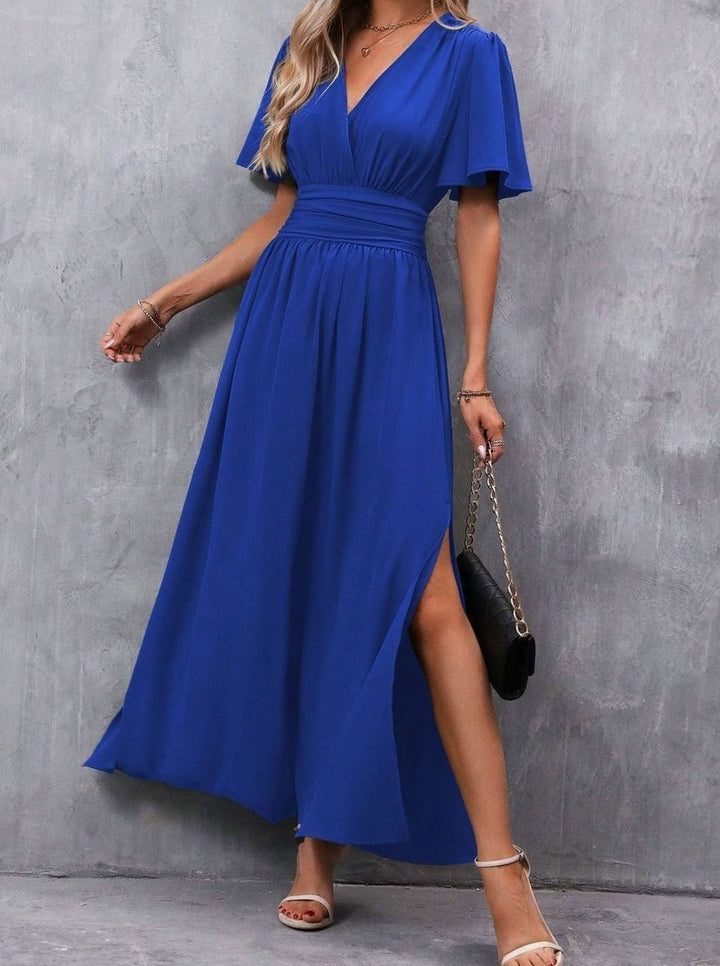 Women's Flutter-Sleeve V-Neck High-Waist Maxi Dress Side Slit - Blue