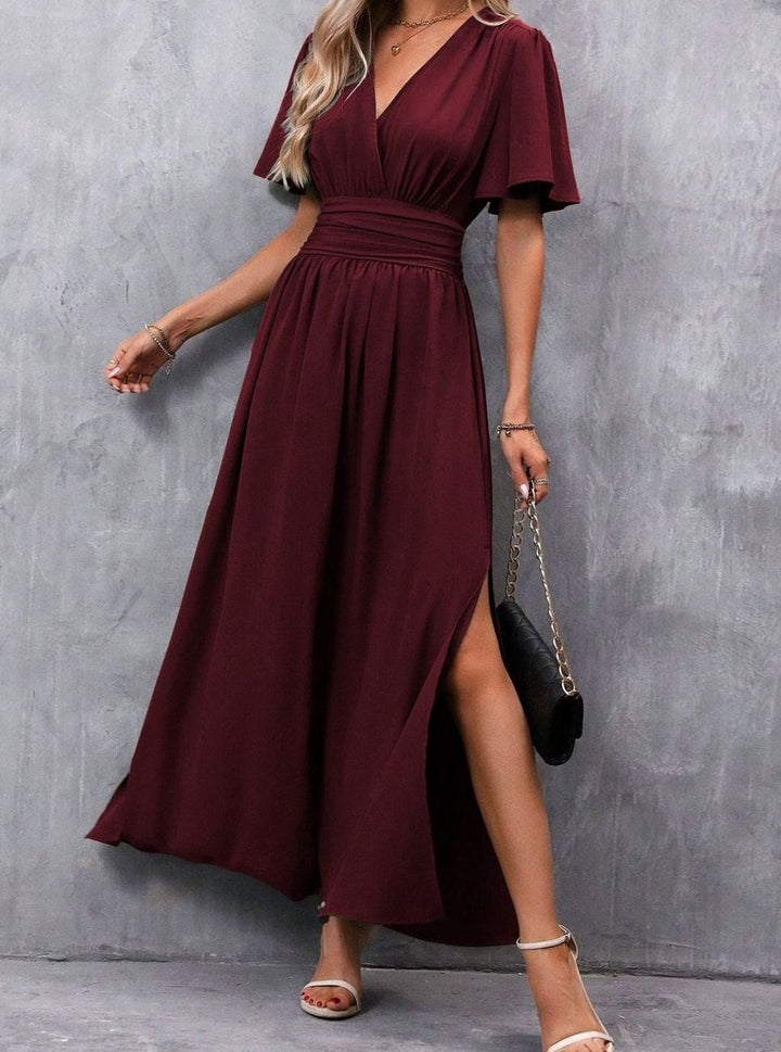 Women's Flutter-Sleeve V-Neck High-Waist Maxi Dress Side Slit - Burgundy