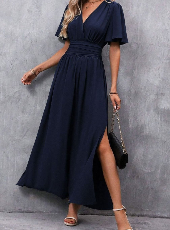 Women's Flutter-Sleeve V-Neck High-Waist Maxi Dress Side Slit - Navy Blue