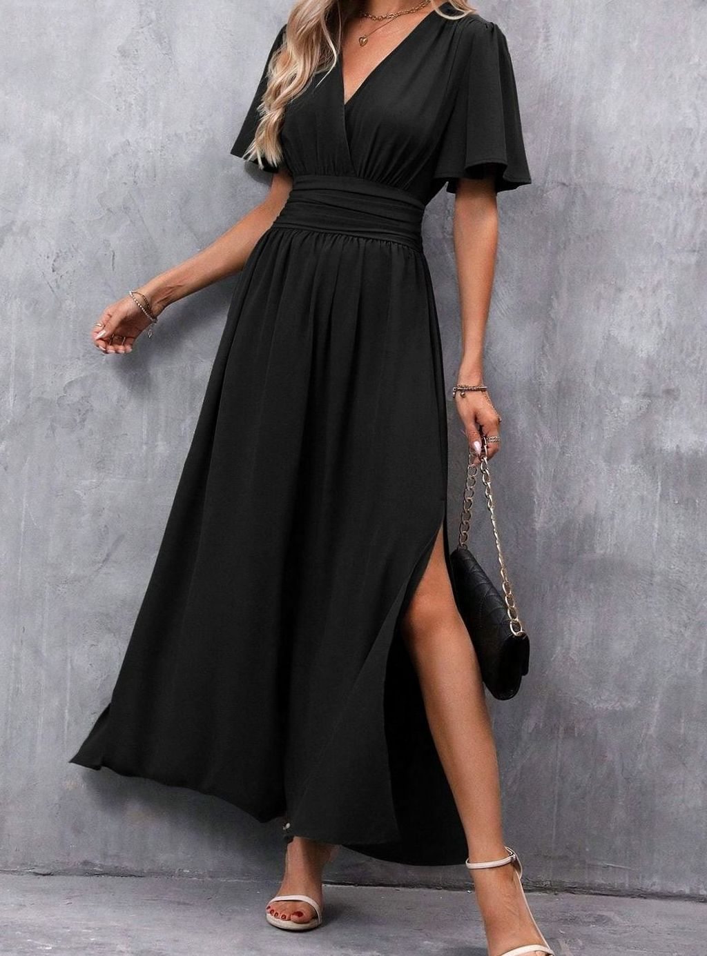 Women's Flutter-Sleeve V-Neck High-Waist Maxi Dress Side Slit - Black