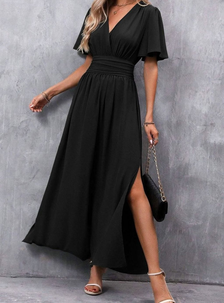 Women's Flutter-Sleeve V-Neck High-Waist Maxi Dress Side Slit - Black