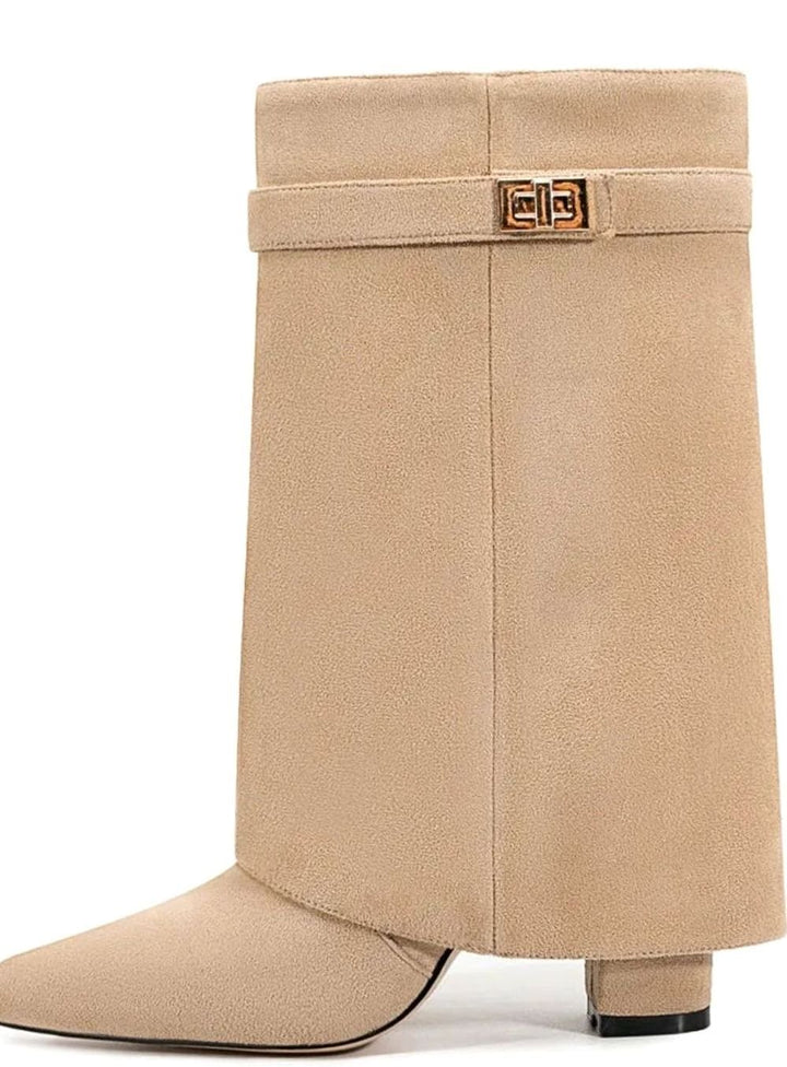 Women's Foldover Knee-High Suede Boots Gold Buckle - Apricot Short