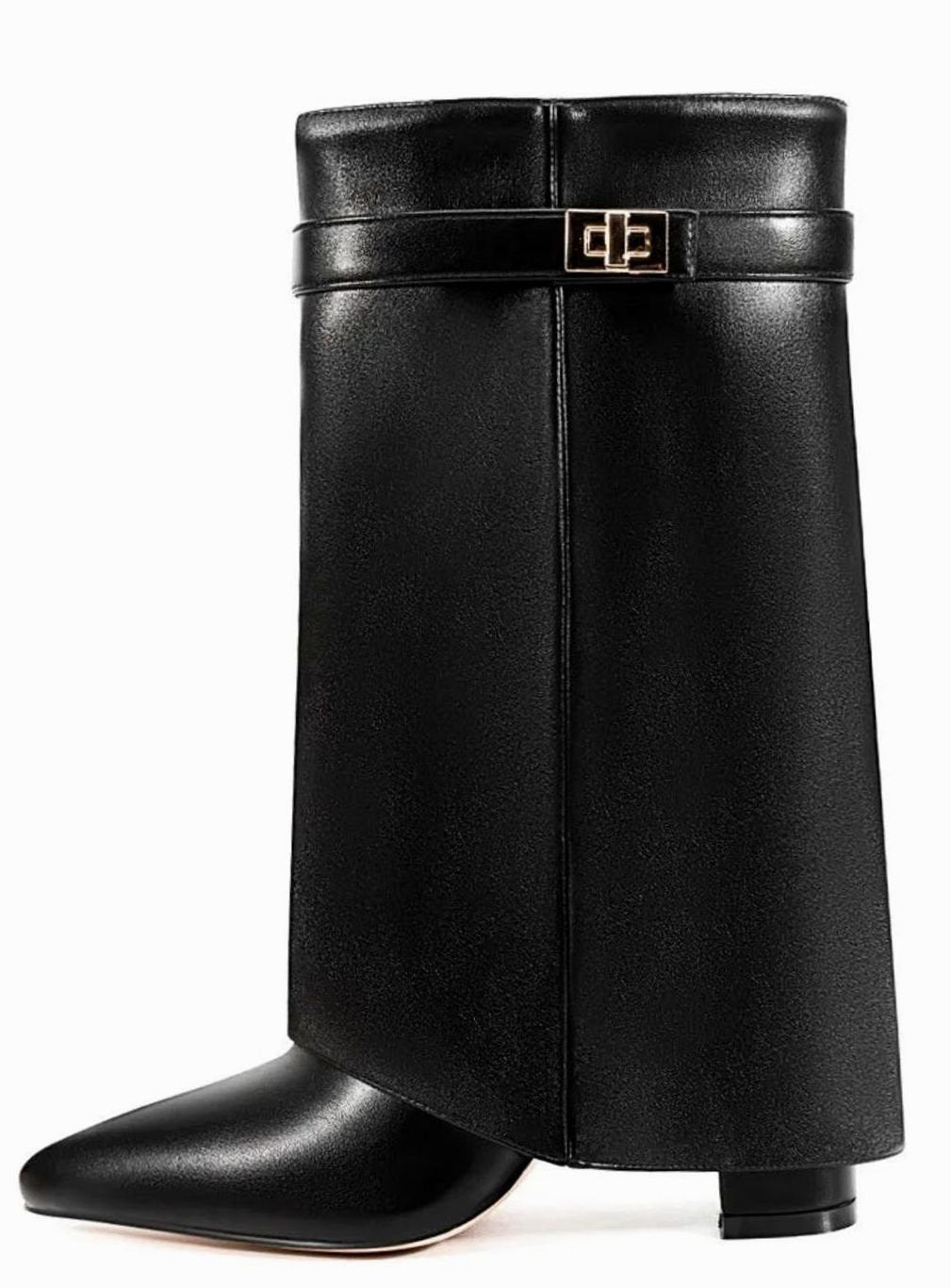 Women's Foldover Knee-High Suede Boots Gold Buckle - Black PU Short