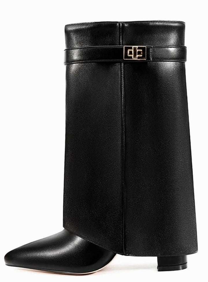 Women's Foldover Knee-High Suede Boots Gold Buckle - Black PU Short